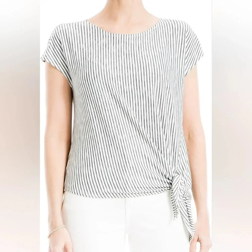 MAX STUDIO Stripe Cap Sleeve Side Tie T-Shirt, Color White/Blue Size S